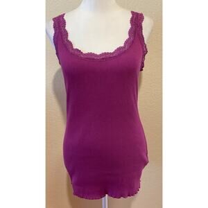 Apt 9 Ribbed Cotton Tank Top Size S Pink Lace Trim Y2K Long Length Lettuce Hem